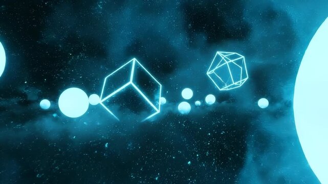 Neon geometric shape floating in space, tracking shot
