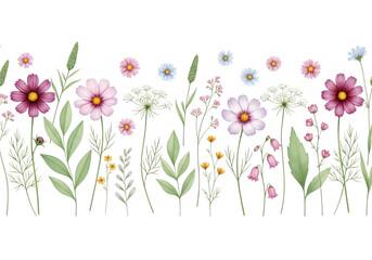 Obraz premium Watercolor wildflowers and greenery border with delicate blossoms, isolated on transparent background