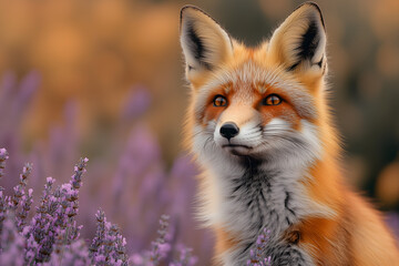 Obraz premium Red fox standing among purple wildflowers in warm golden light, creating a charming wildlife portrait with soft background blur and natural woodland beauty.