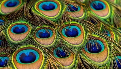Fototapeta premium Close-up of intricately detailed peacock feathers, showcasing vibrant colors and patterns