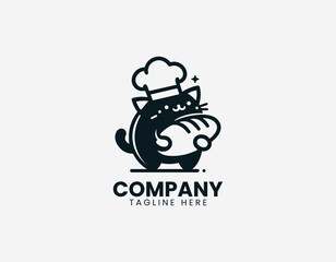 Fototapeta premium Cute cat wearing chef hat holding bread representing playful bakery concept and cooking lifestyle in clean minimalist black vector illustration style on white background