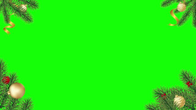 Bright yellow hi speech bubble appearing on a green festive holiday screen with decorative pine branch frame