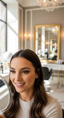 Smiling Woman Applying Makeup in Elegant Beauty Salon Interior
