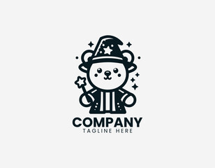 Fototapeta premium Cute bear wearing wizard costume holding magic wand representing playful fantasy character and storytelling theme in clean minimalist black vector illustration style on white background