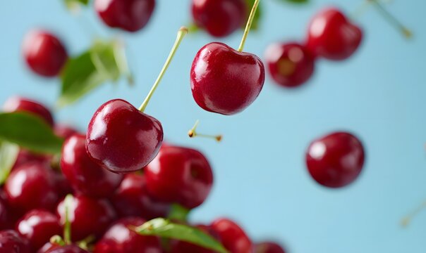 big fresh cherry fruits falling