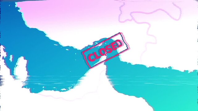 Video showing strait of Hormuz strategic oil Route map closed due to Middle East geopolitical war between USA israel and Iran. Video animation showing no entry point at Strait of Hormuz.