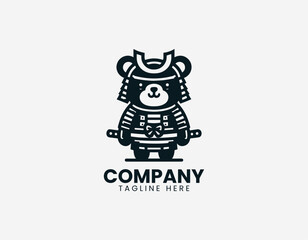 Naklejka premium Cute bear wearing samurai armor holding sword representing playful character mascot and cultural warrior theme in clean minimalist black vector illustration style on white background