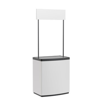 Promotional booth stand marketing, white blank counter with header board, three-quarter perspective view, isolated on transparent background, for trade show displays and branding mockups.