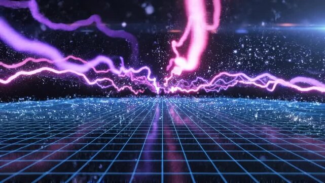 Abstract lightning glowing over digital grid, moving forward