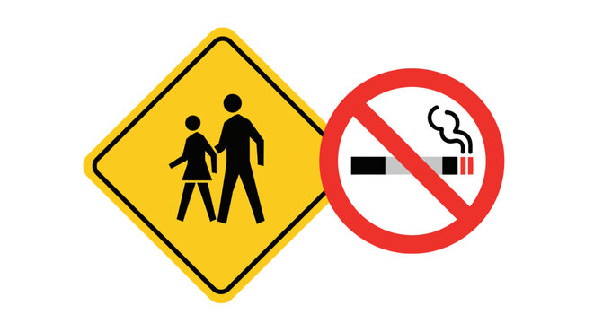 Flat 2D vector illustration featuring essential public safety signs a pedestrian crossing warning and a no smoking prohibition symbol