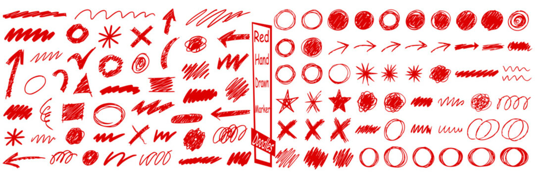 Huge set vector collection of red hand drawn marker-pen drawings, crosses, arrows, circles, highlights, corrections, red felt tip for emphasis, red underlines, annotations, sketches.