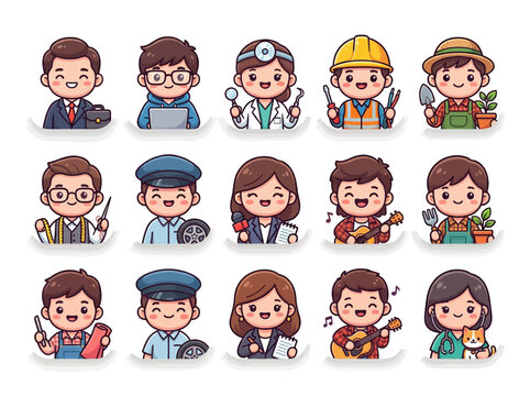 Collection of diverse modern chibi characters representing various professions and hobbies in a cheerful style