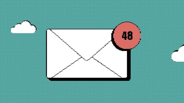 Pixel Art Spam Email Animation. White envelope, red notification badge counts up from zero with new e-mail spam messages. Teal background with clouds. Email inbox overload loopable 2D motion graphics
