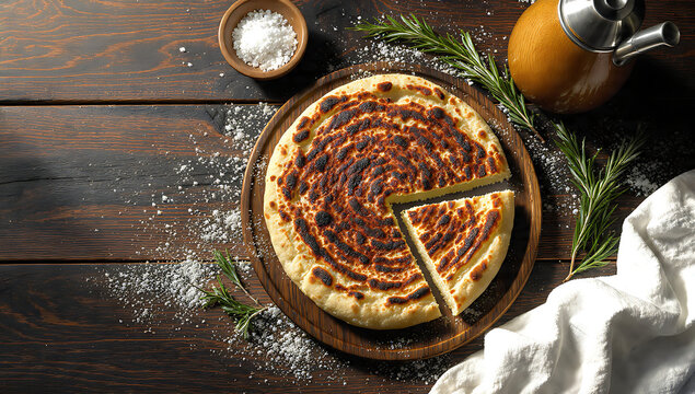 Top-Down Flat Lay Argentine Tortilla Santiague&ntilde;a - Traditional Grilled Flatbread from Santiago del Estero - Authentic Street Food - Deep Focus Food Photography