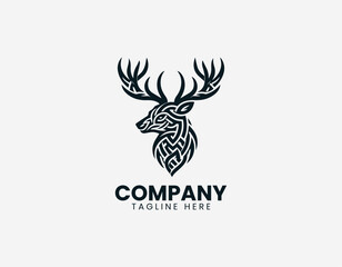 Fototapeta premium Deer head with tribal knot pattern antlers in clean modern black vector logo illustration style on a white background
