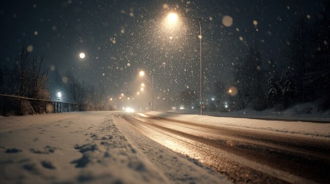 Snowy road at night with street lights