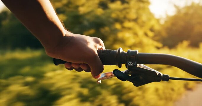 A cyclist's hand gripping the bike handlebar while riding through a sunlit green landscape
