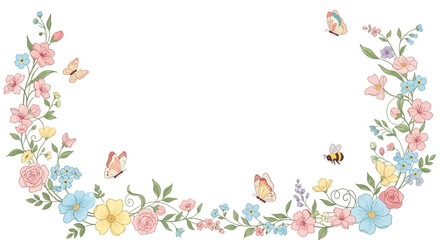 Fototapeta premium Colorful floral border with butterflies and bees on white background for decoration and design
