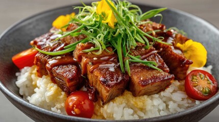 Fototapeta premium Delicious plate of grilled meat on a bed of fluffy rice with fresh vegetables and vibrant garnishes in a stylish bowl