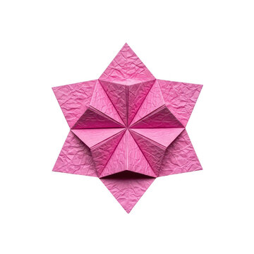 A vibrant pink six-pointed star shape created using intricate paper folding origami techniques isolated on transparent background