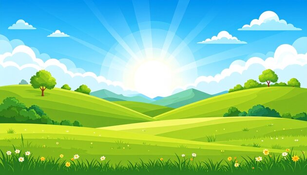 Beautiful summer landscape with a green grass meadow and rolling hills under a blue sky with clouds and a sun over distant mountains in a rural nature illustration