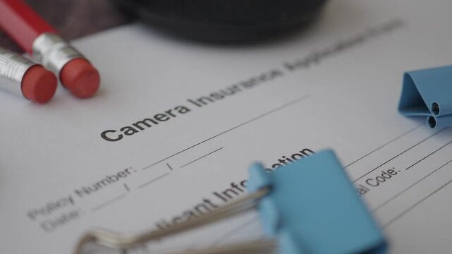 Camera insurance application form with supplies on table