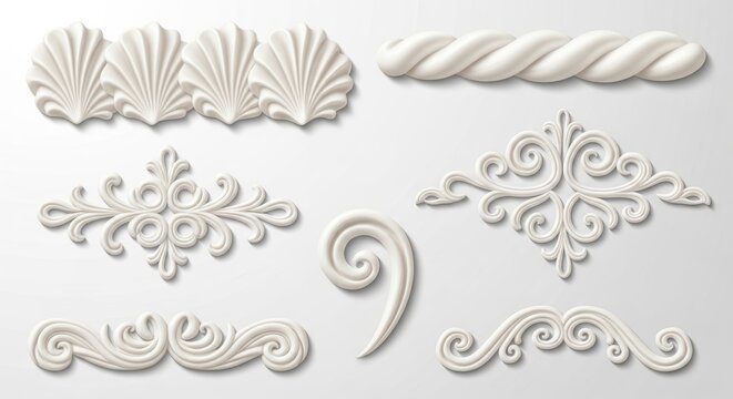 Classical white plaster architectural moldings, decorative 3D gypsum wall ornaments, elegant baroque stucco relief elements for interior design