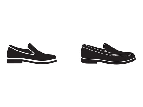 Black and white illustration of two loafer shoes side by side with white accents on white background  footwear design