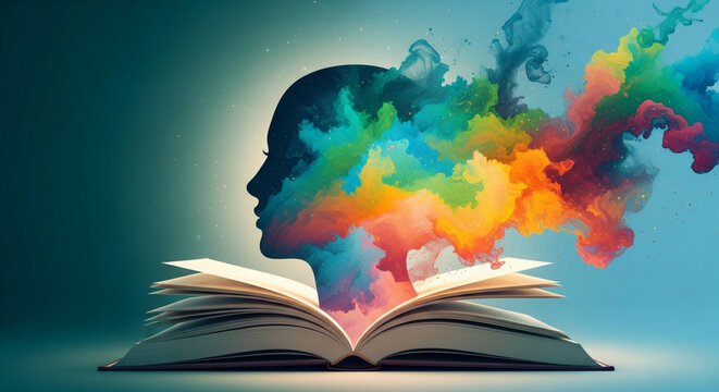 Woman s silhouette with colorful smoke emerging from open book