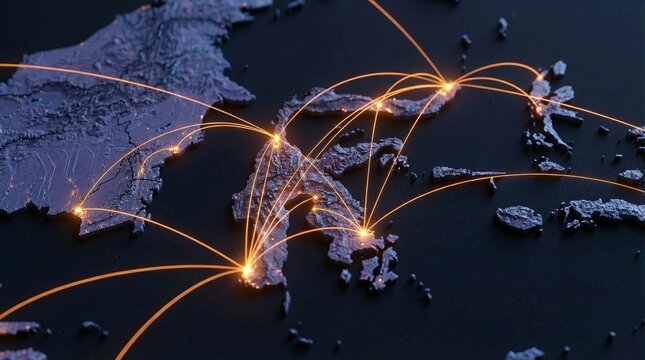 Overhead view of a digital map abstractly representing Southeast Asian nations, highlighting interconnectedness and regional collaboration.