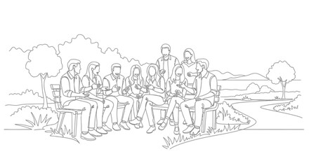 Obraz premium Line art illustration of a group of friends sitting and talking together outdoors.