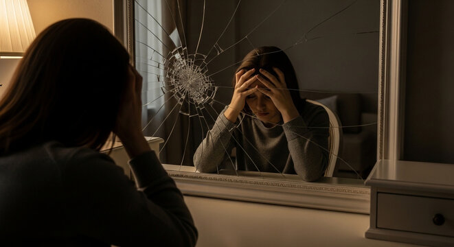 A woman with her head in her hands, looking distressed in a cracked mirror.