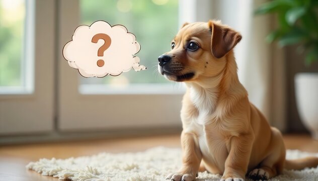A cute dog sitting indoors with a question mark thought bubble, showing curiosity and thoughtful expression, thoughtful, dog