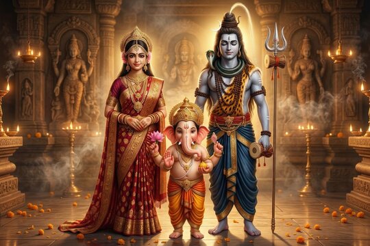 Shiva Parvati Ganesha Festival Temple Poster
