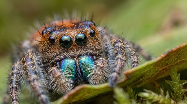 Extreme microscopic portrait of a jumping spider face focusing on its large eyes