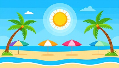 Obraz premium Animated beach scene with palm trees, sun umbrellas, and ocean waves