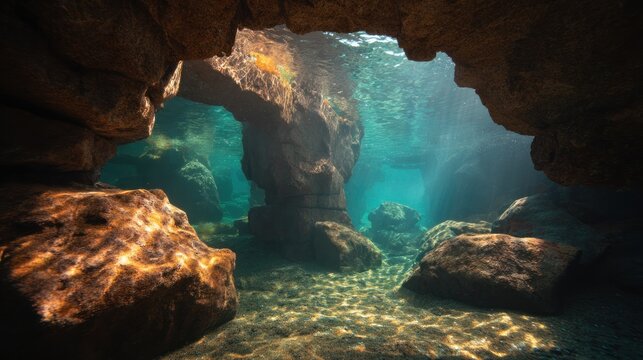Underwater cave with arches and turquoise water