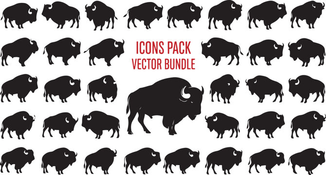 Vector Bundle of Bison Silhouette Icons Pack Collection