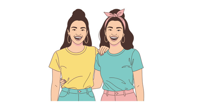 Two cheerful young women best friends hugging and laughing together.