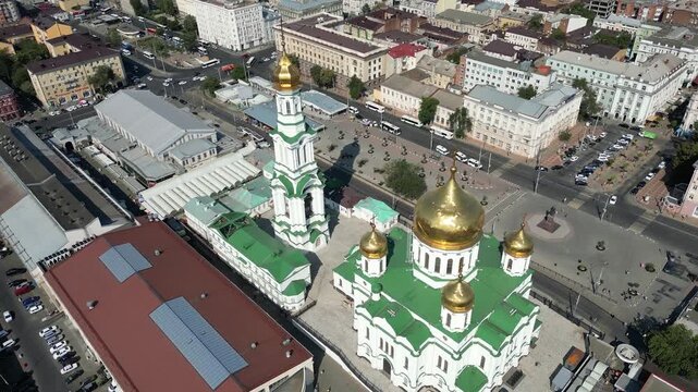 Beautiful aerial perspective of the cathedral of the nativity of the blessed virgin mary, a prominent landmark in rostov-on-don, russia
