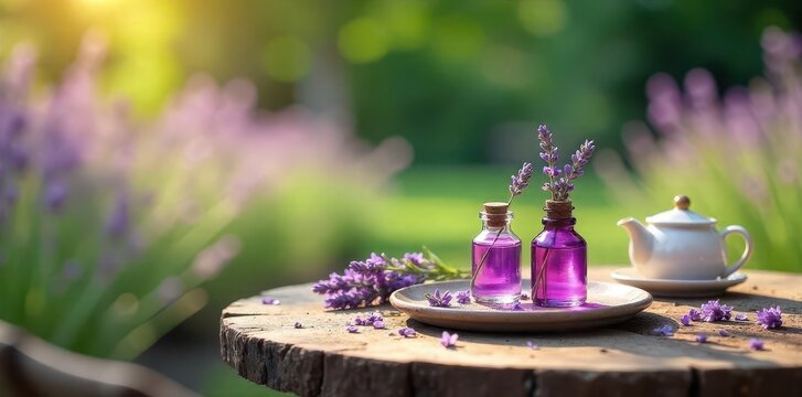 A serene outdoor table setting with flacons of lavender essence, creating a calming aroma for relaxation at a spa or natural retreat , relaxation, natural