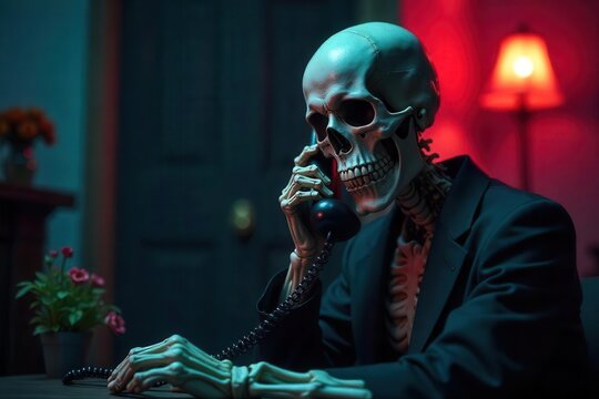 A spooky skeleton making a final phone call before departing to the afterlife, with eerie lighting and shadowy background , afterlife, eerie