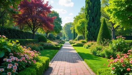 Fototapeta premium A stunning park with lush greenery and vibrant flowers, creating a beautifully landscaped outdoor oasis , parkland, environment