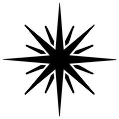 Obraz premium Black starburst compass rose or North Star symbol. Graphic vector icon for navigation and celestial guidance.
