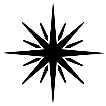 Black starburst compass rose or North Star symbol. Graphic vector icon for navigation and celestial guidance.