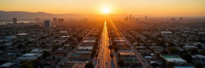 Aerial view of Santa Ana under the golden sunlight, showcasing its expansive urban layout and vibrant atmosphere , Santa Ana, buildings