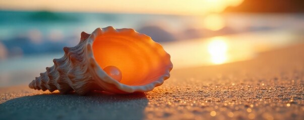 An exquisite orange seashell with a shimmering pearl catches the last rays of the sunset light on the sandy beach shoreline , beach, orange