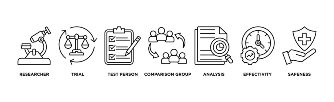 Clinical study banner web icon set vector illustration concept for clinical trial research with an icon of researcher, trial, test person, comparison group, analysis, effectivity, and safeness icons