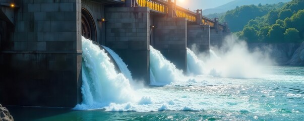 Close-up view of powerful water turbines in action at a hydroelectric dam power plant, generating clean energy from flowing water , electric, engineering