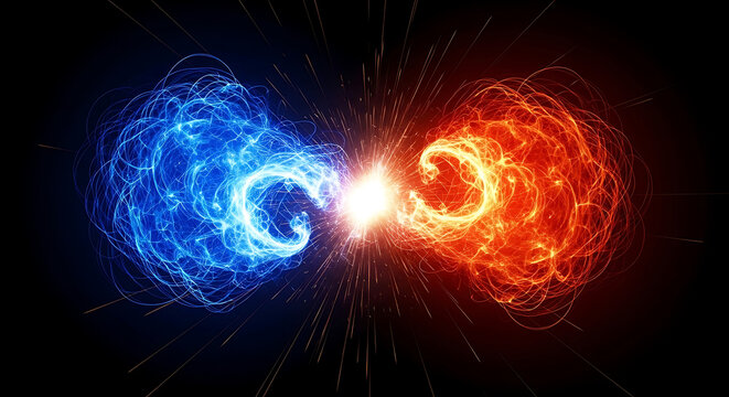 Abstract representation of two energy forces colliding one blue and one red creating a bright white light at the center with sparks energy field energy wave collision abstract explosion